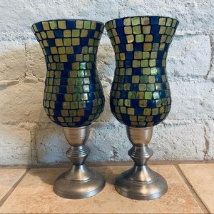 Set of 2 Mosaic Glass Hurricane Candle Holders